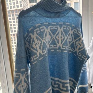 CeCe Light Blue and White Patterned Turtleneck Sweater